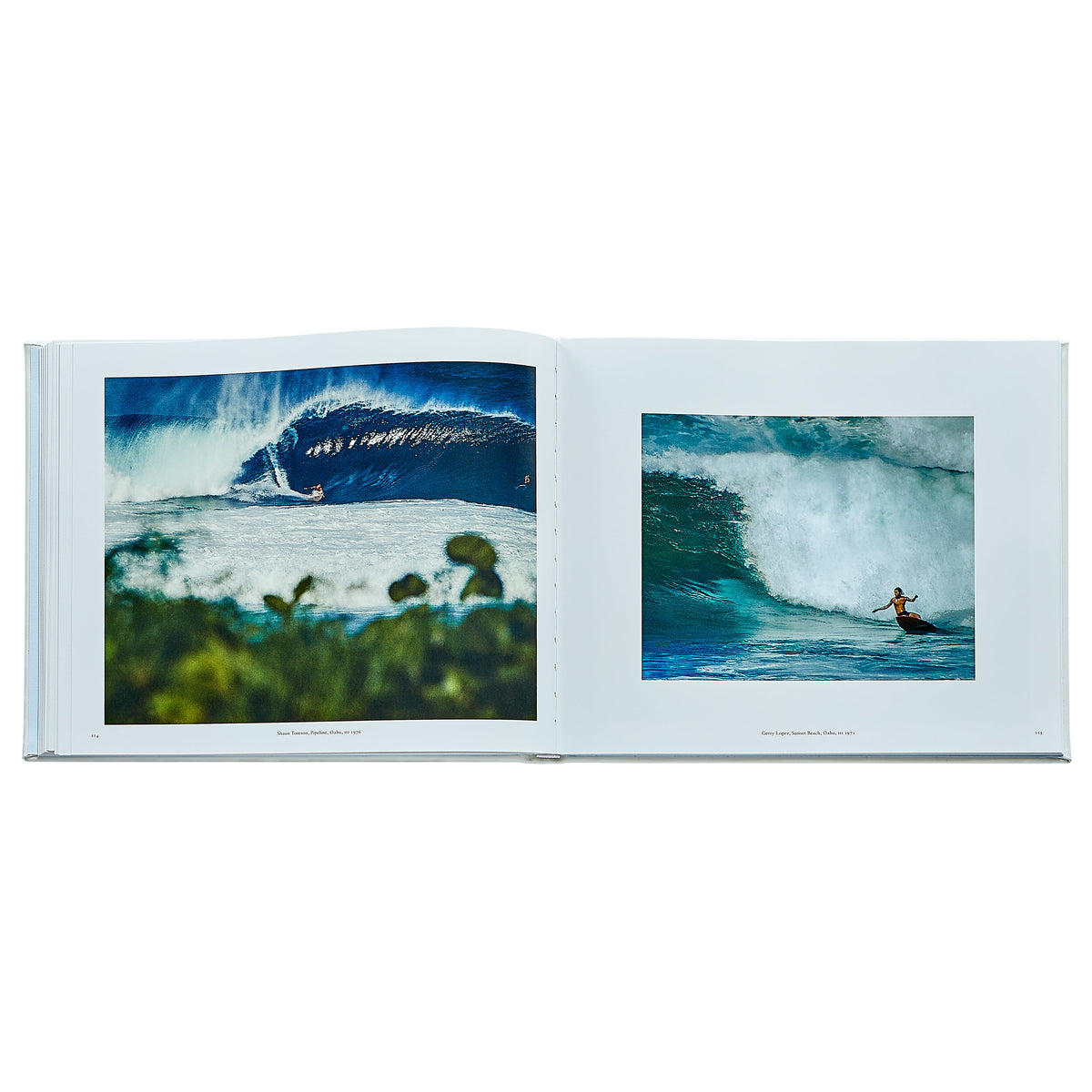 Open spread of Jeff Divine: 70’s Surf Photographs showing two full-color 1970s surf photos on white pages