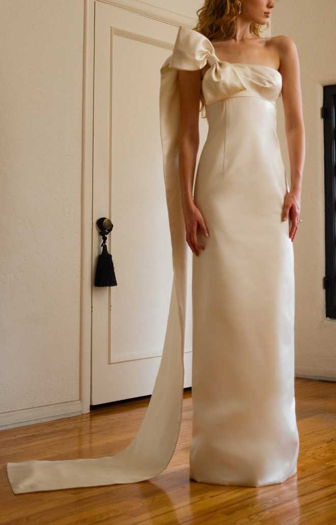 Bow Bodice Gown with Long Panel in Duchesse Créme Italian Satin