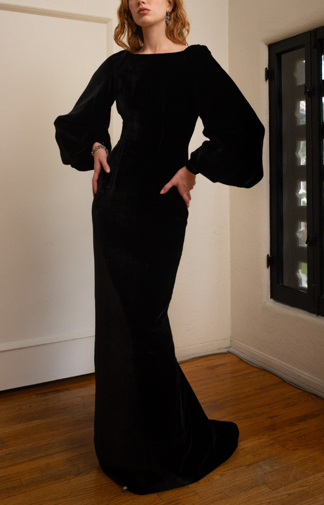 Black Silk Velvet Full Sleeve Gown with Low V Back