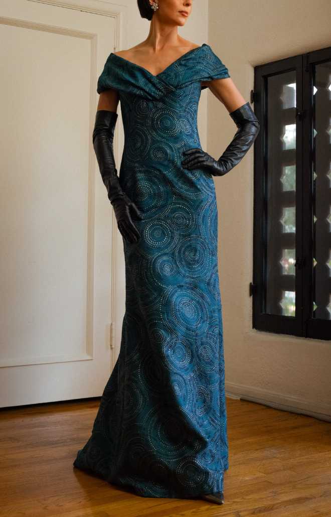 Portrait Neckline Gown in French Slate Blue & Silver Brocade with Train