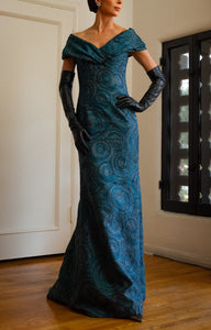 Portrait Neckline Gown in Slate Blue & Silver