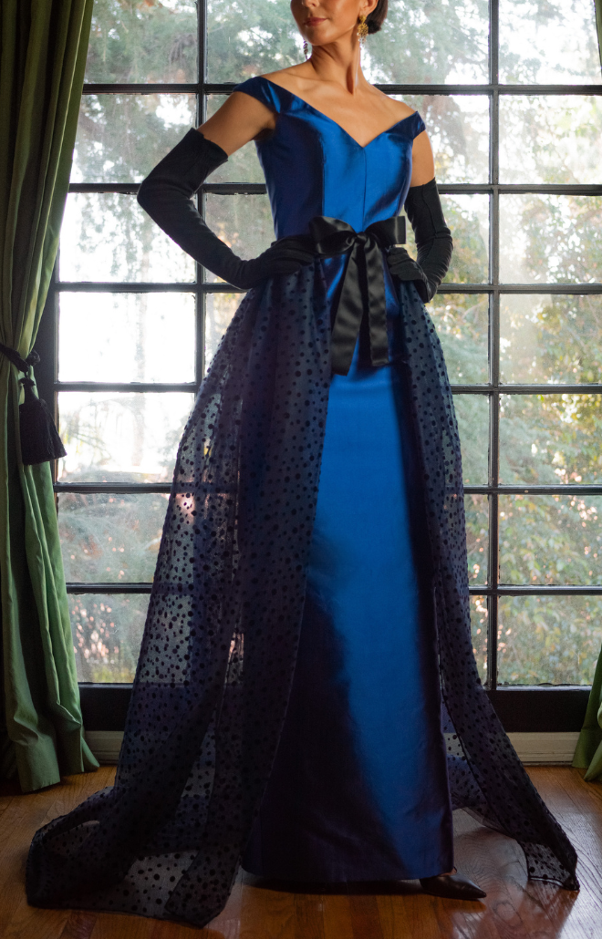 Off-The-Shoulder Slim Gown in Cobalt Blue Italian Silk with Separate Removable Velvet Tulle Skirt