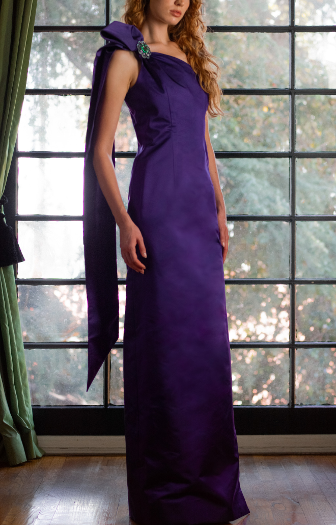 amethyst purple dress Pure Silk in | Preorder ships in ~2 weeks | Last Batch S/M over neckline and curved seam under the bust offer a flattering fit One Shoulder Gown in Amethyst