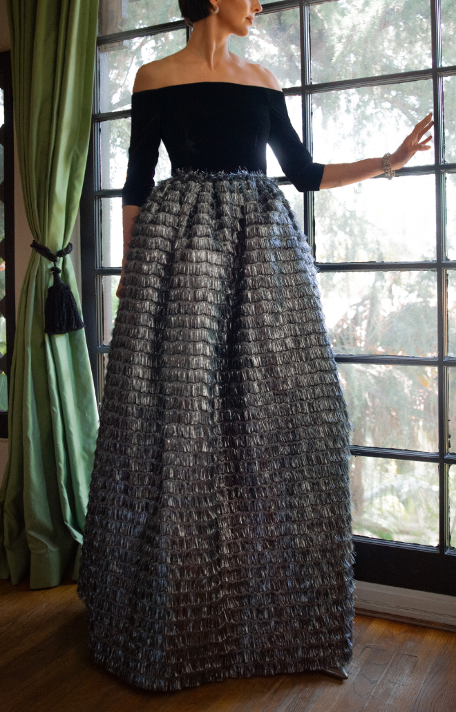 Off-The-Shoulder Velvet Bodice With Ball Skirt in Black & Silver French Fringed Brocade