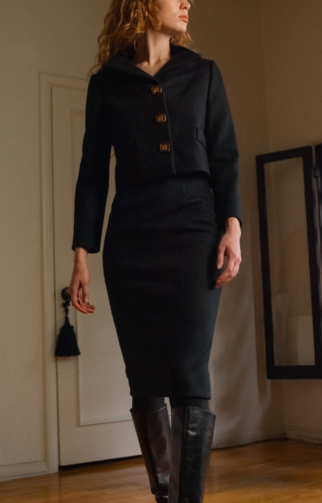 Cropped Jacket in Black French Wool with Vintage Buttons