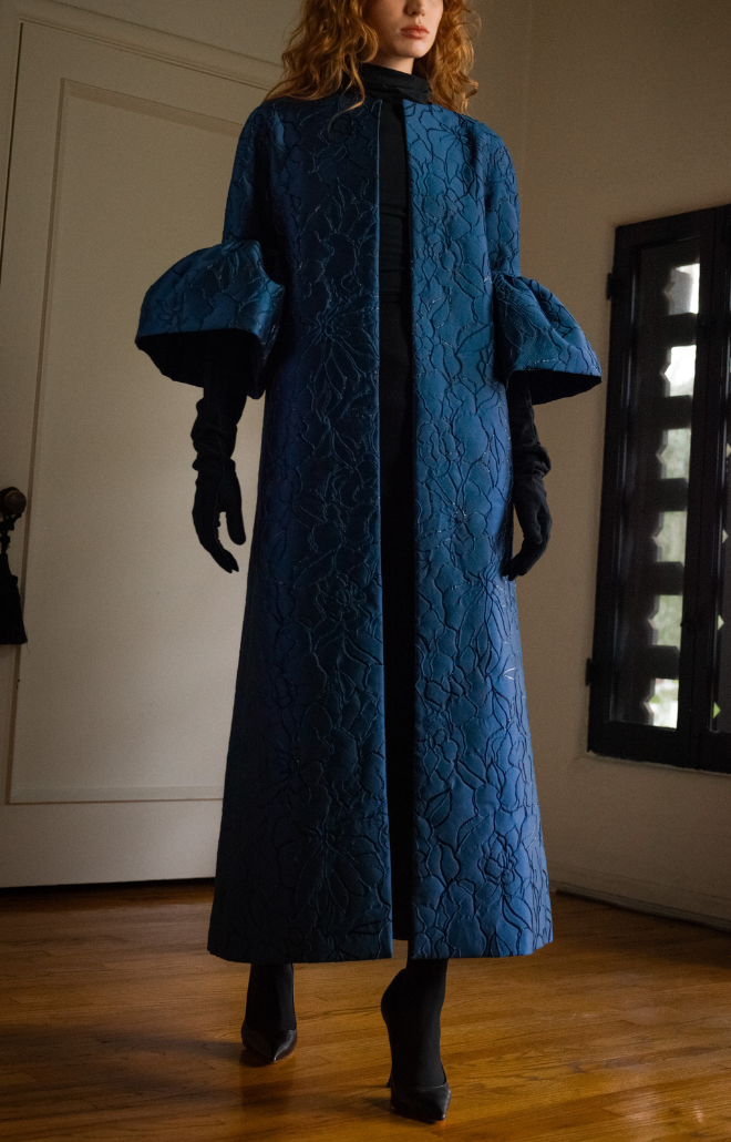 Ruffle Sleeve Opera Coat in Slate Blue French Brocade