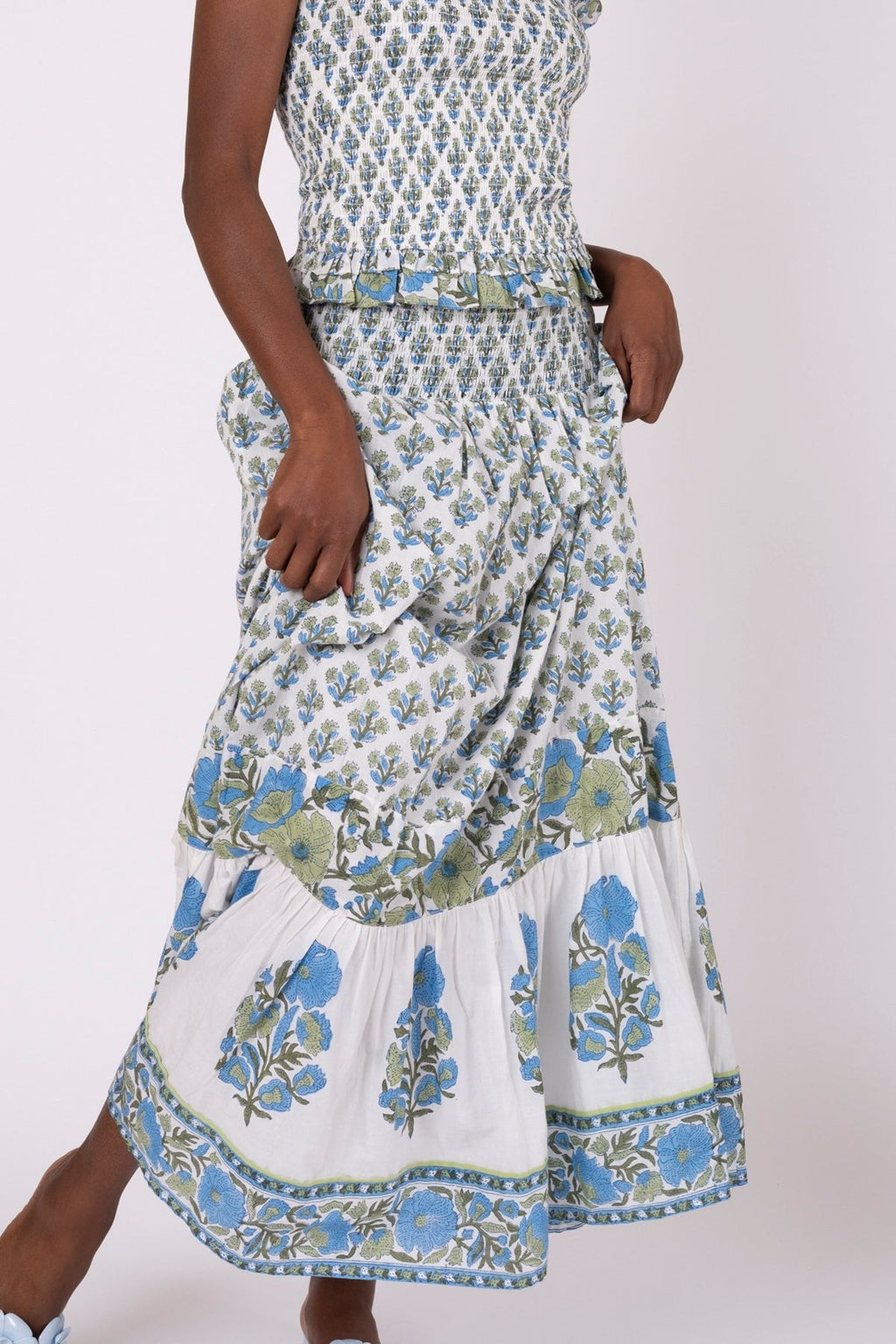Flounce Smocked Waist Skirt in Bleu & Thyme Vintage Poppy