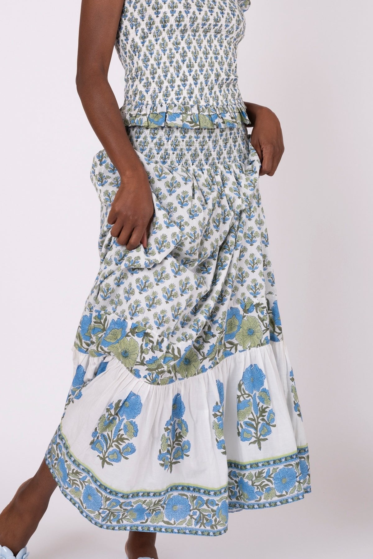 Flounce Smocked Waist Skirt in Bleu & Thyme Vintage Poppy