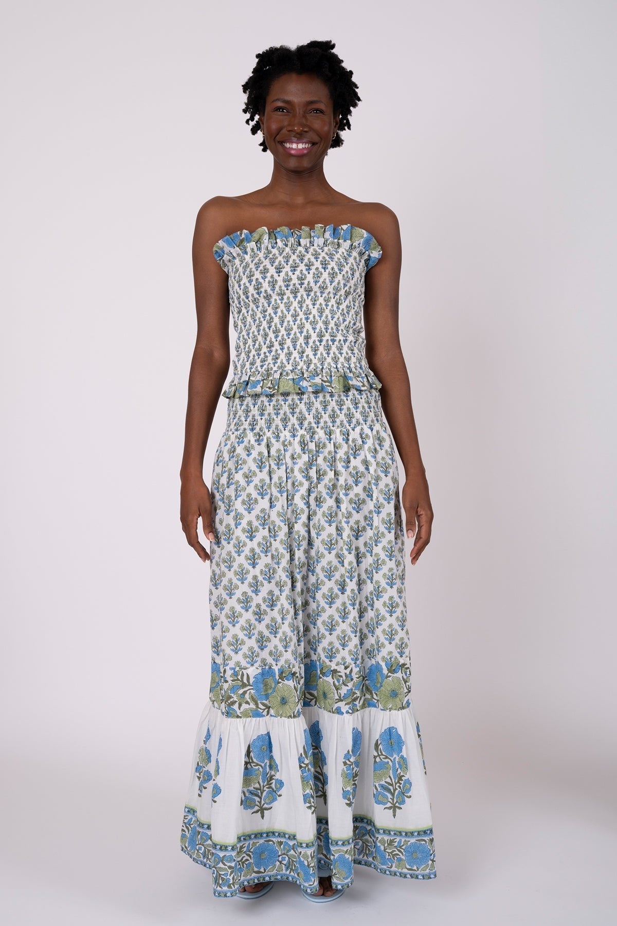 Flounce Smocked Waist Skirt in Bleu & Thyme Vintage Poppy