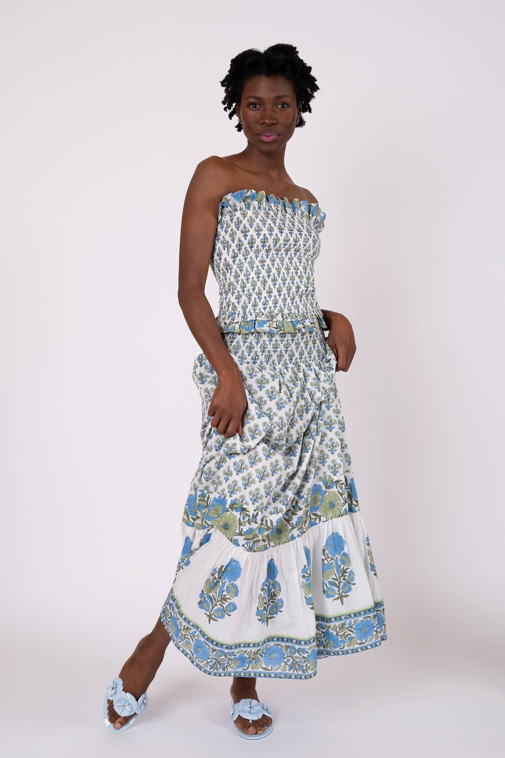 Flounce Smocked Waist Skirt in Bleu & Thyme Vintage Poppy