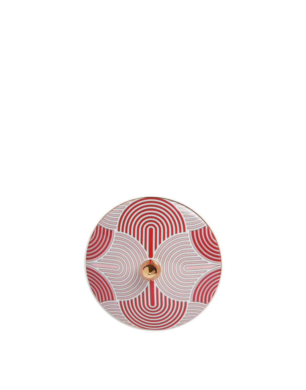 Top view of Goodie Jar lid in Slinky Red showing red-and-white geometric print and 18K gold knob on white background