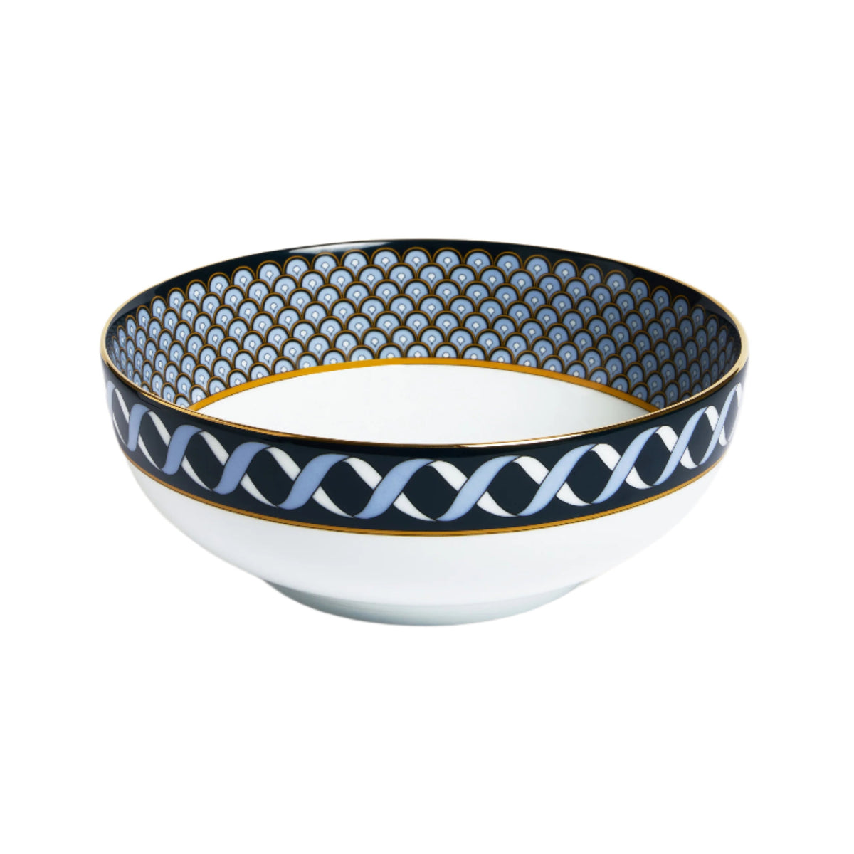 Angled view of Serving Bowl in Odysseus Midnight showcasing porcelain with hand-painted 18K gold rim on white background
