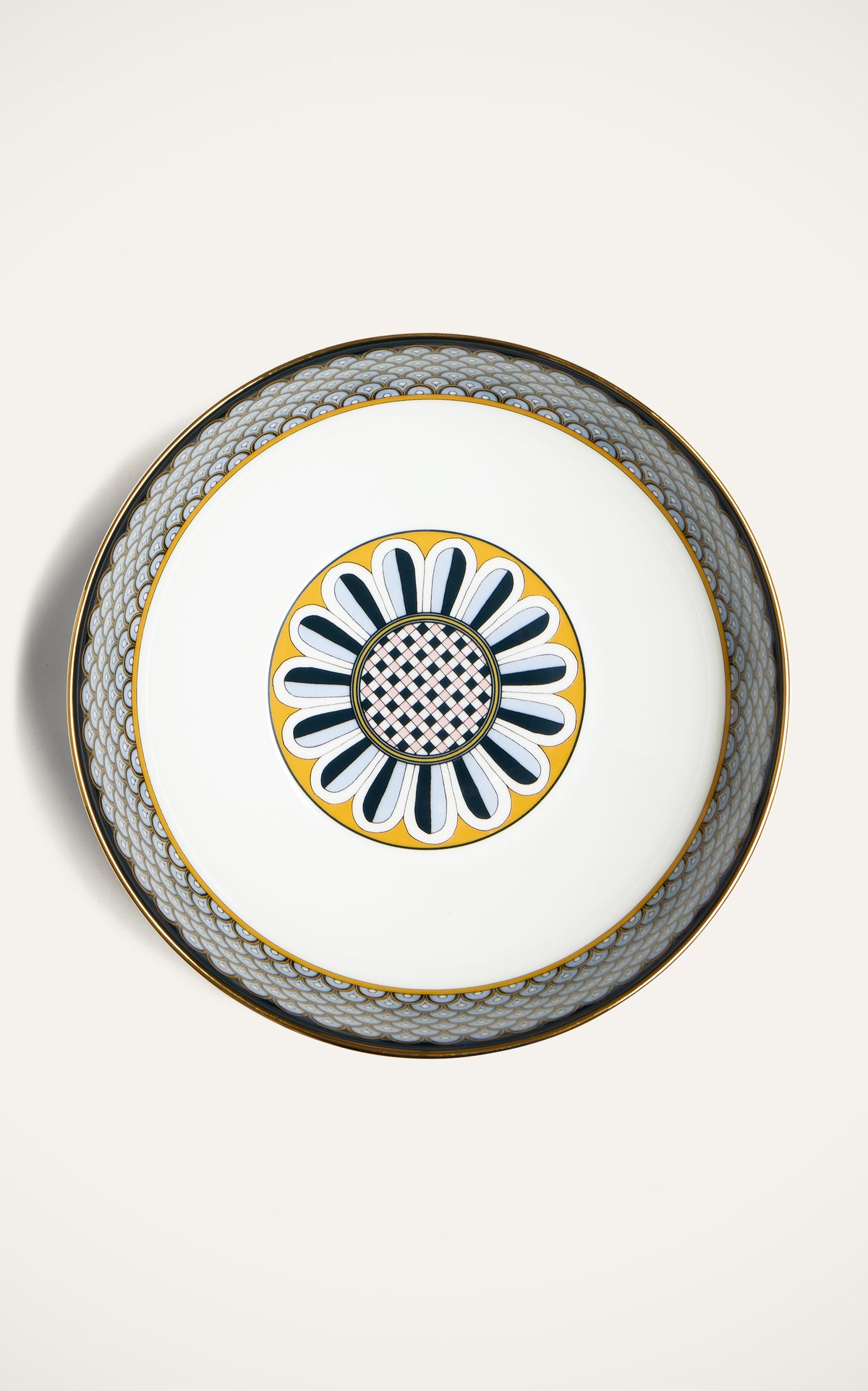 Top view of Serving Bowl in Odysseus Midnight showcasing celestial motif and hand-painted 18K gold rim on a white background