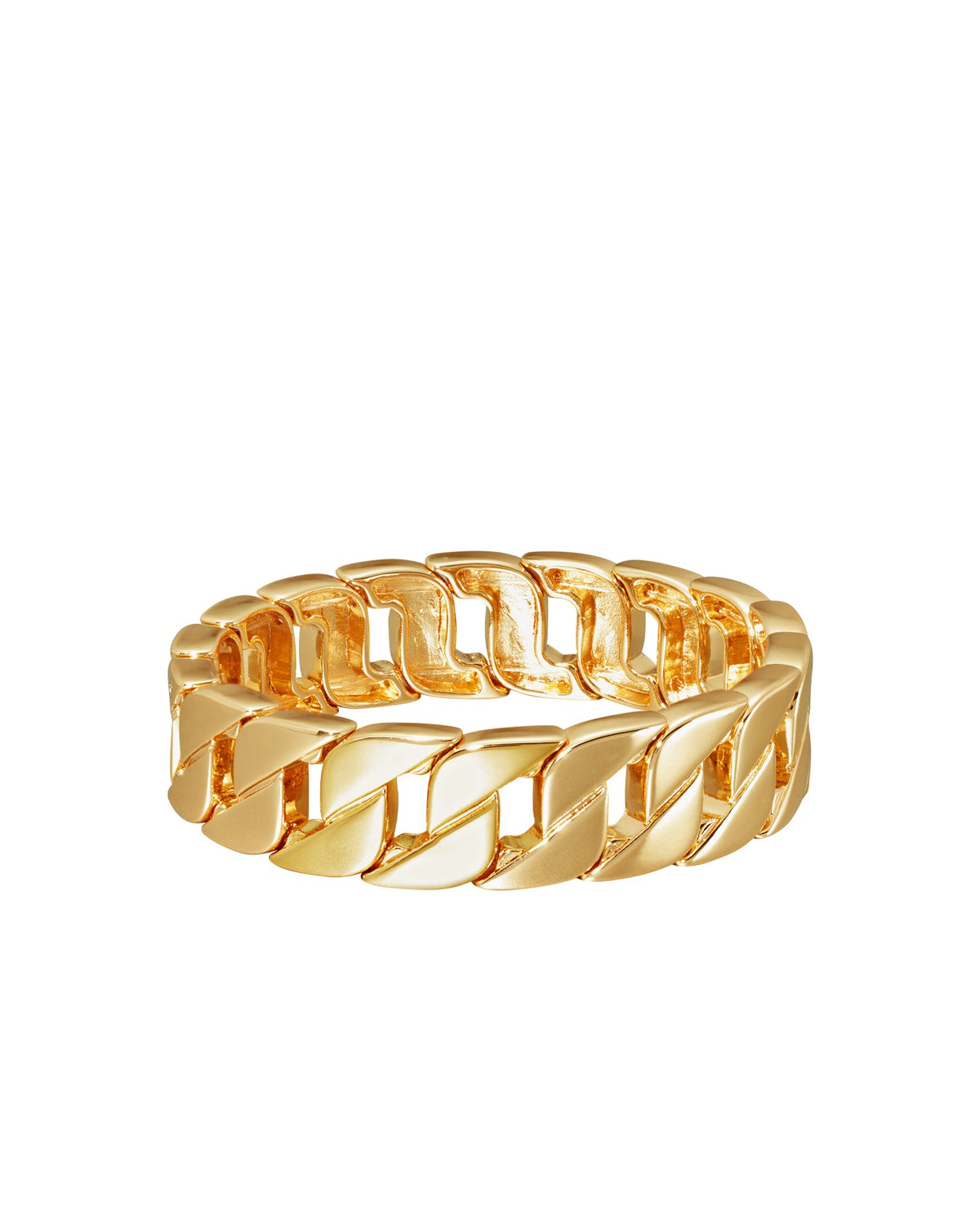 Front view of gold tone stretch Babe Link Bracelet showcasing chunky interlocking links with a white background