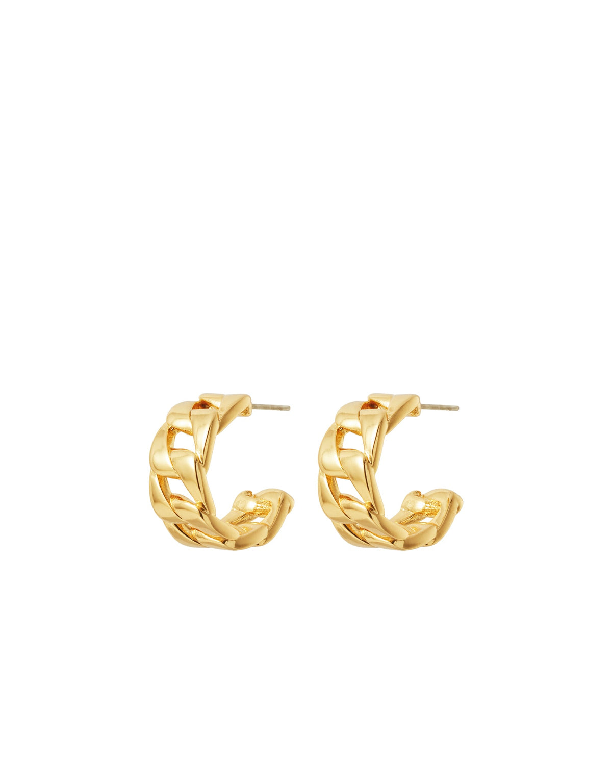 Front view of Babe Earrings showcasing gold tone link hoops with a white background
