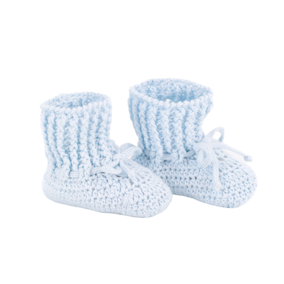Close-up view of Knit Baby Booties in Light Blue showcasing the classic tie fastening with a white background