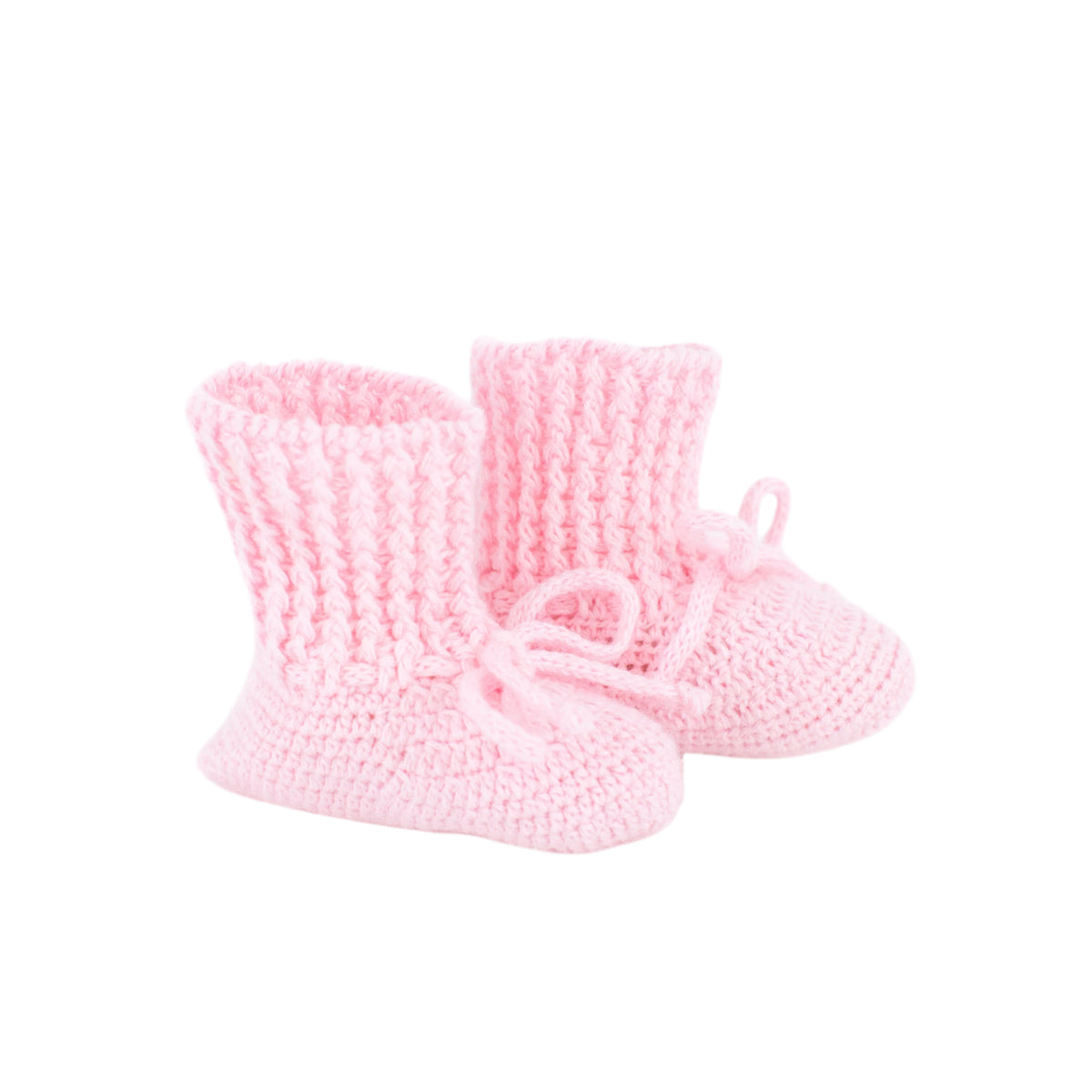 Close-up view of Knit Baby Booties in Pink showcasing knitted cotton texture and tie fastening on a white background