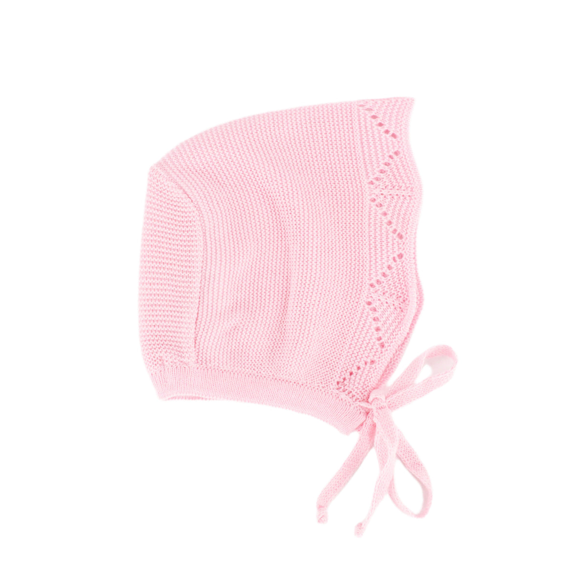 Close-up of Knit Baby Bonnet in Pink showcasing its knit texture and classic tie fastening on a white background