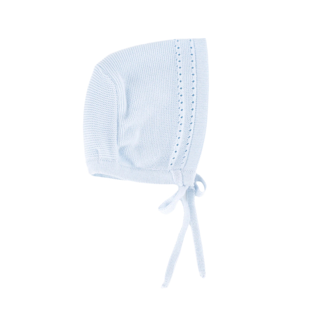 Front view of Knit Baby Bonnet in Light Blue showcasing knit texture and tie fastening with a white background