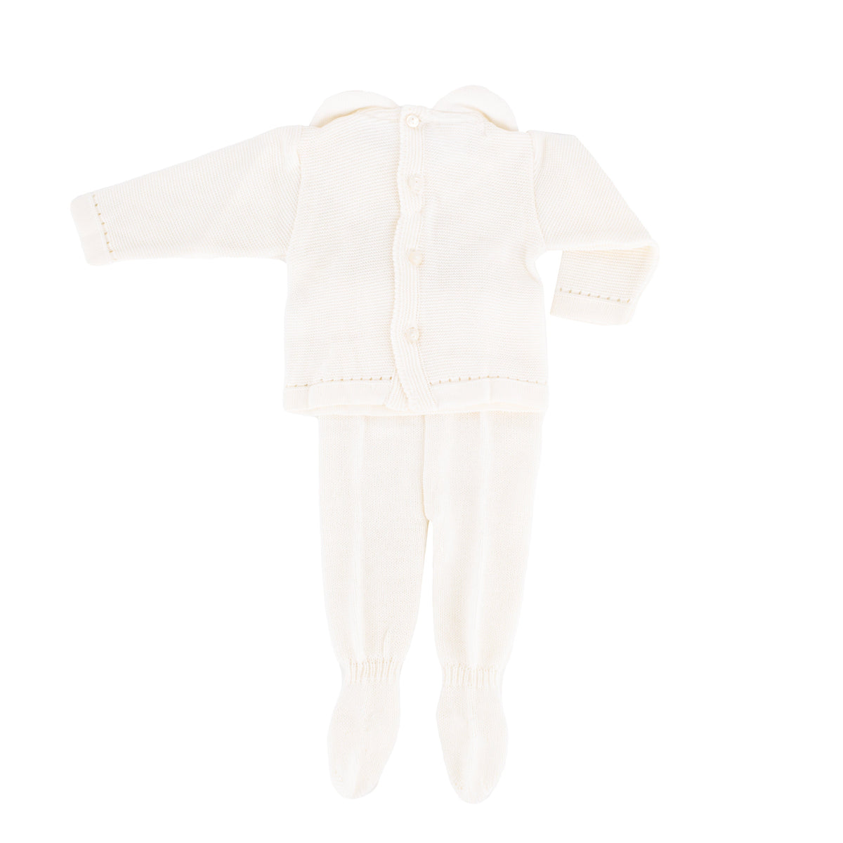 Flat lay of ivory knit baby sweater with matching footed stockings, showing Peter Pan collar and back buttons on white background