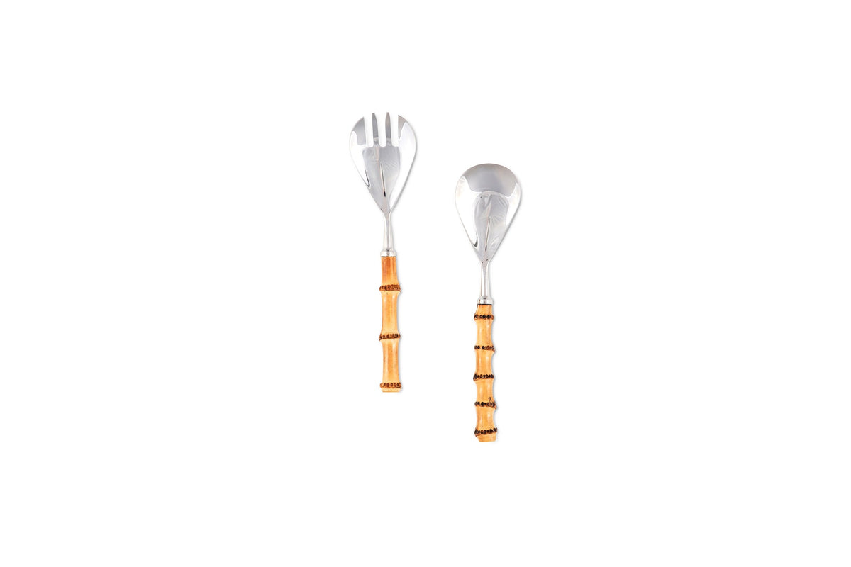 Front view of bamboo salad servers, set of 2 with stainless steel spoon and fork heads and bamboo handles on white background