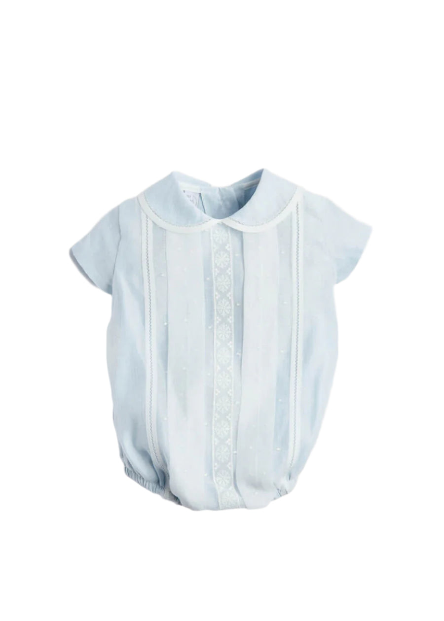 Lace Detail Peter Pan Collar Romper in Pale Blue (3mths-2yrs) Rompers  from Pepa London