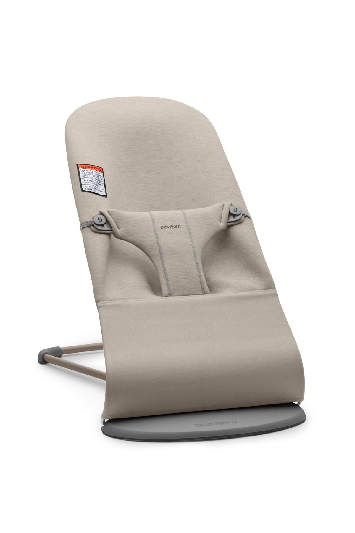 Three-quarter view of BabyBjörn Bouncer Bliss in Sand Gray showing cushioned seat, integrated harness, and gray base