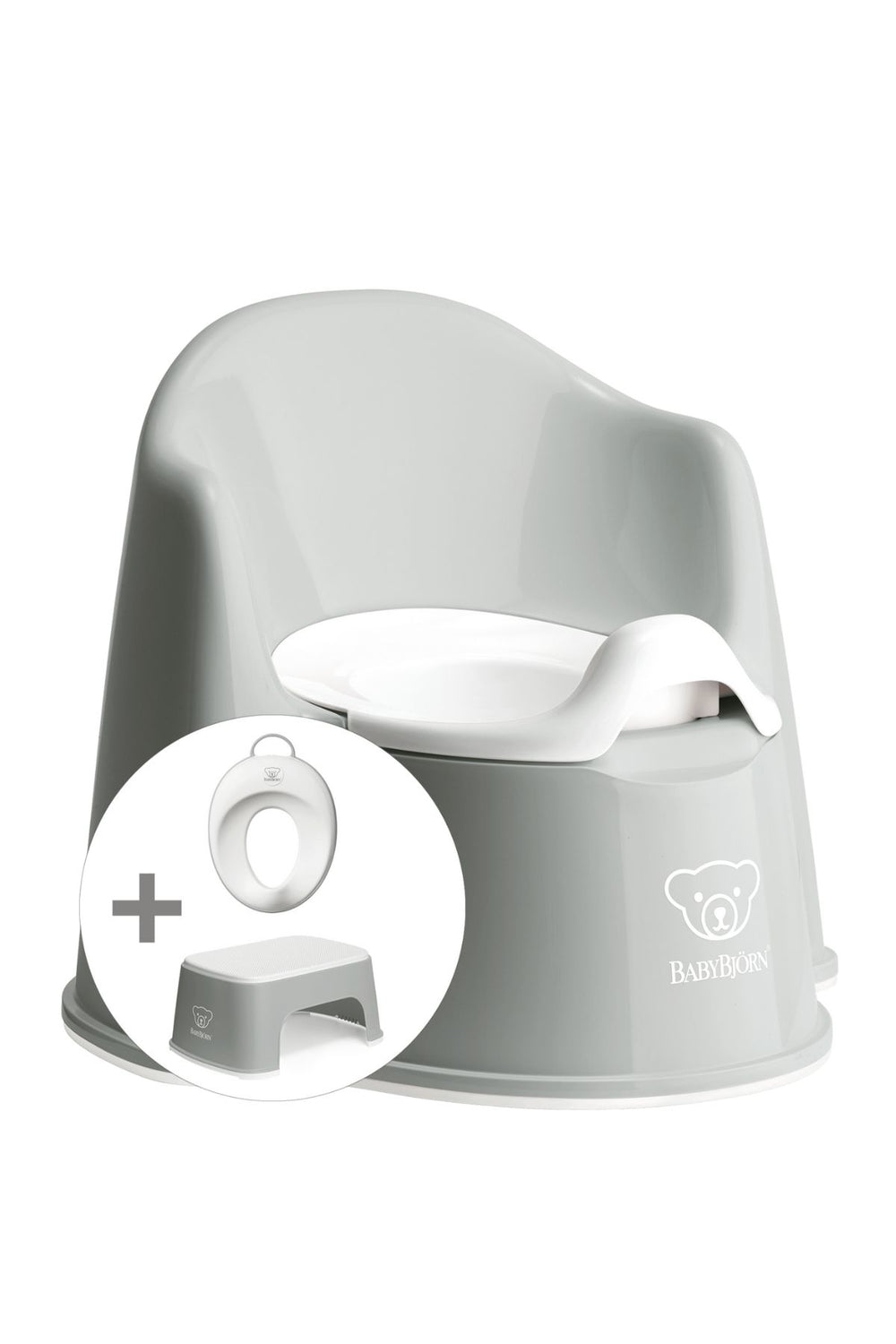 Front view of potty training bundle: gray potty chair with removable white insert, toilet seat reducer, and gray step stool