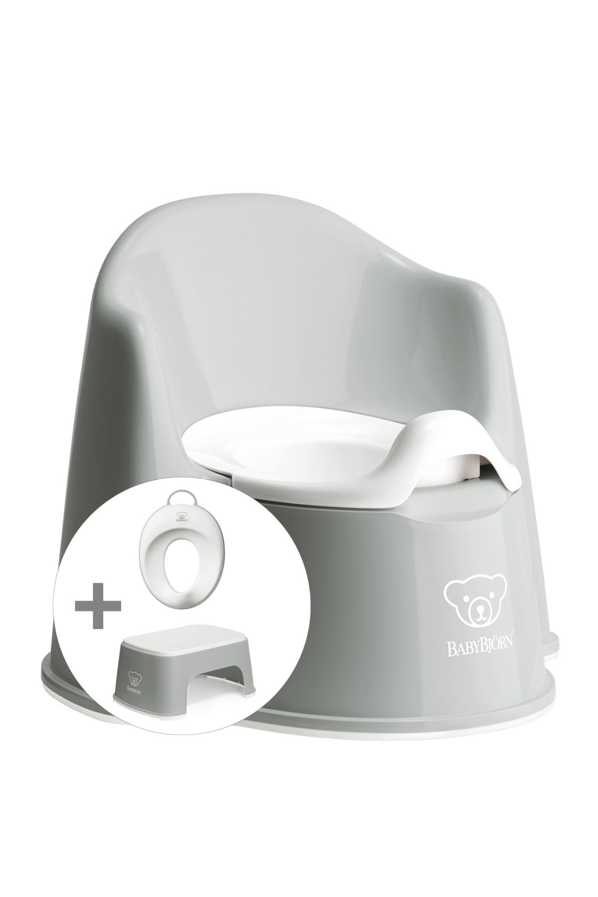Front view of potty training bundle: gray potty chair with removable white insert, toilet seat reducer, and gray step stool