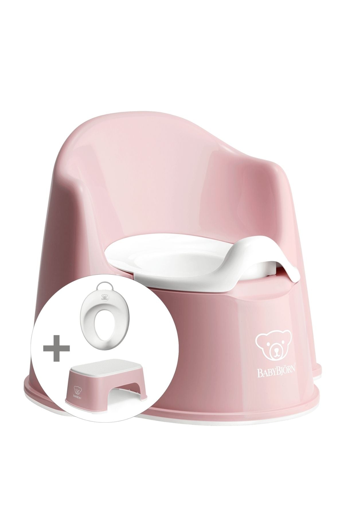 Front view of Potty Training Bundle in Powder Pink and White showcasing potty chair, step stool, and toilet training seat on a white background