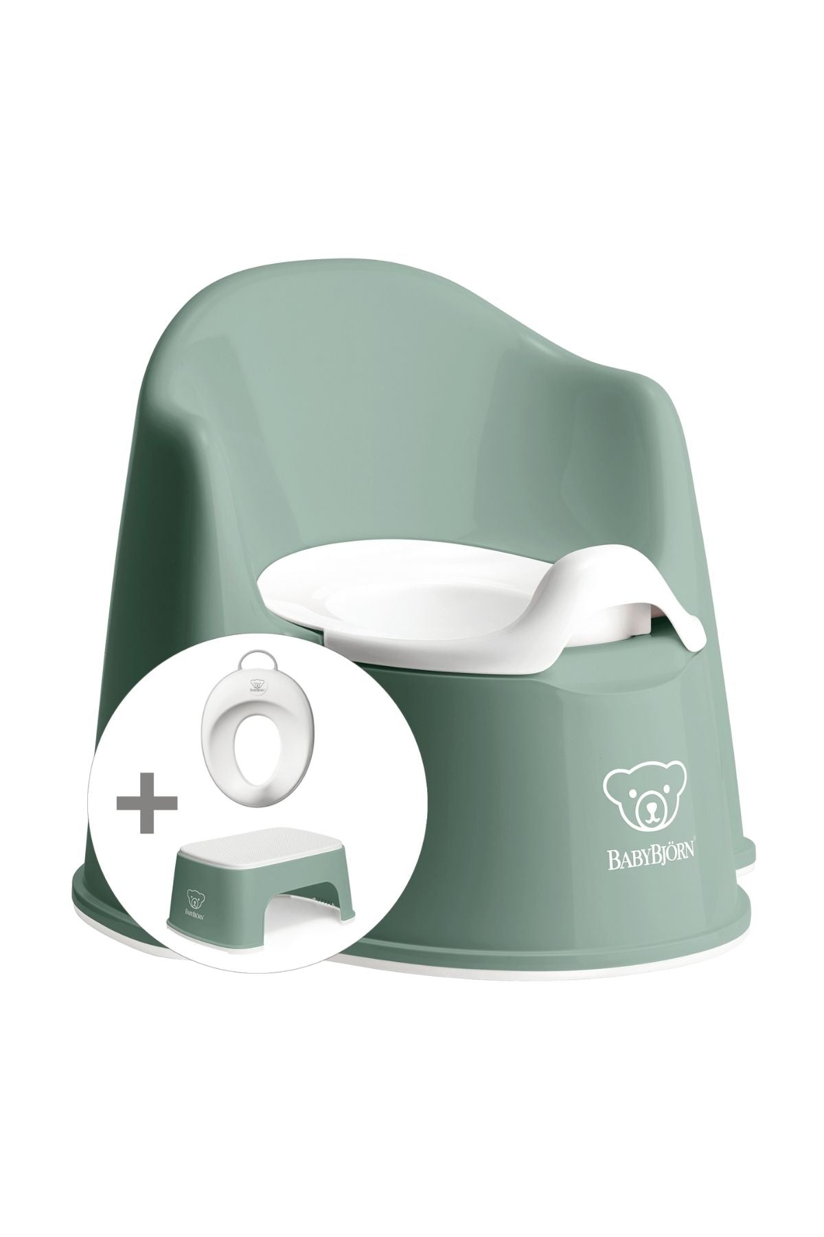 Angled view of BabyBjörn potty training bundle in deep green with white insert, step stool and toilet training seat on white