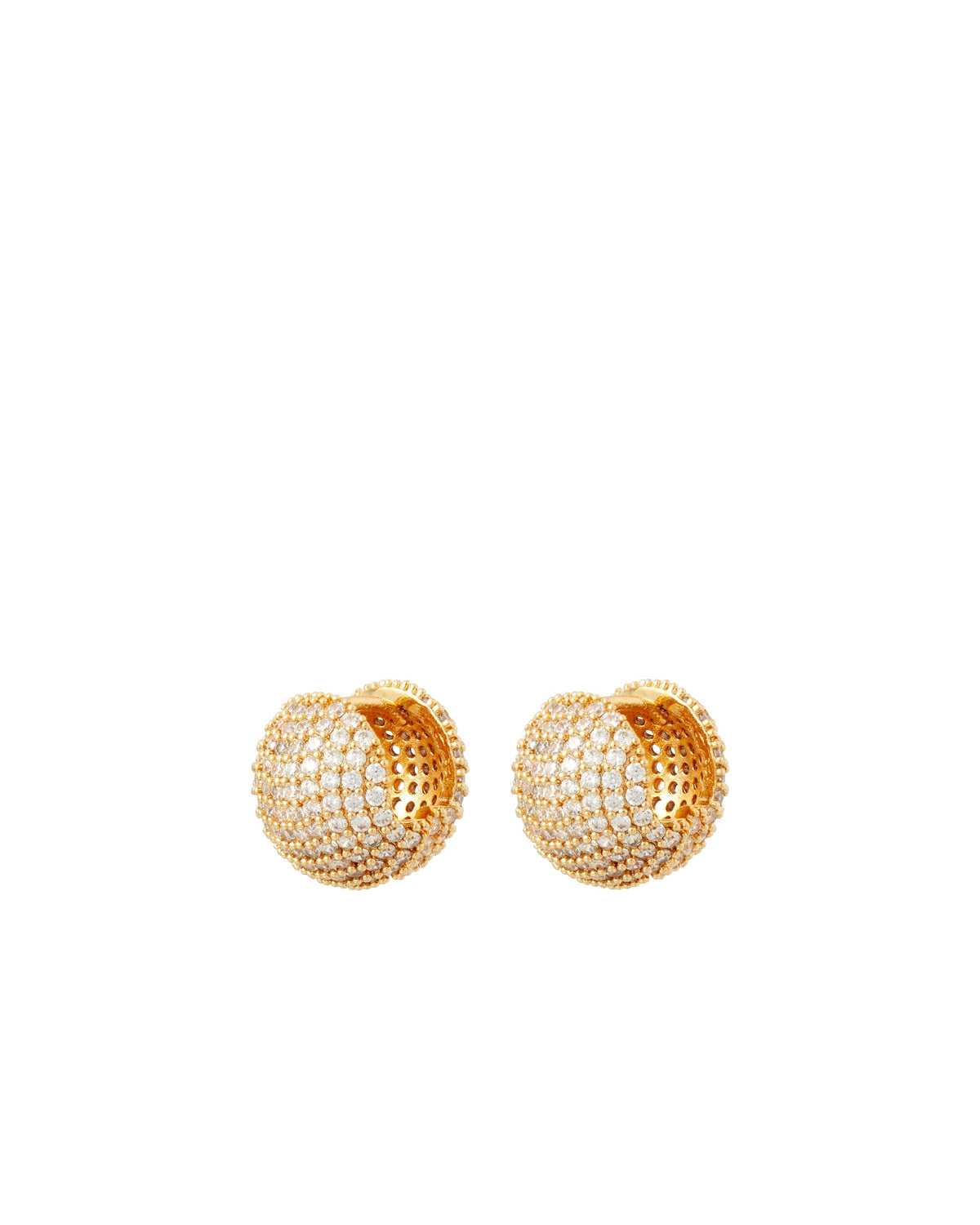 Front view of Baby Ball Earrings in Pave showcasing gold tone cubic zirconia spheres on a white background