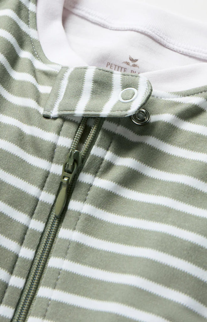 Close-up of Baby’s Pima Romper in Sage Stripe showcasing the front zipper and sage-and-white striped Pima cotton fabric