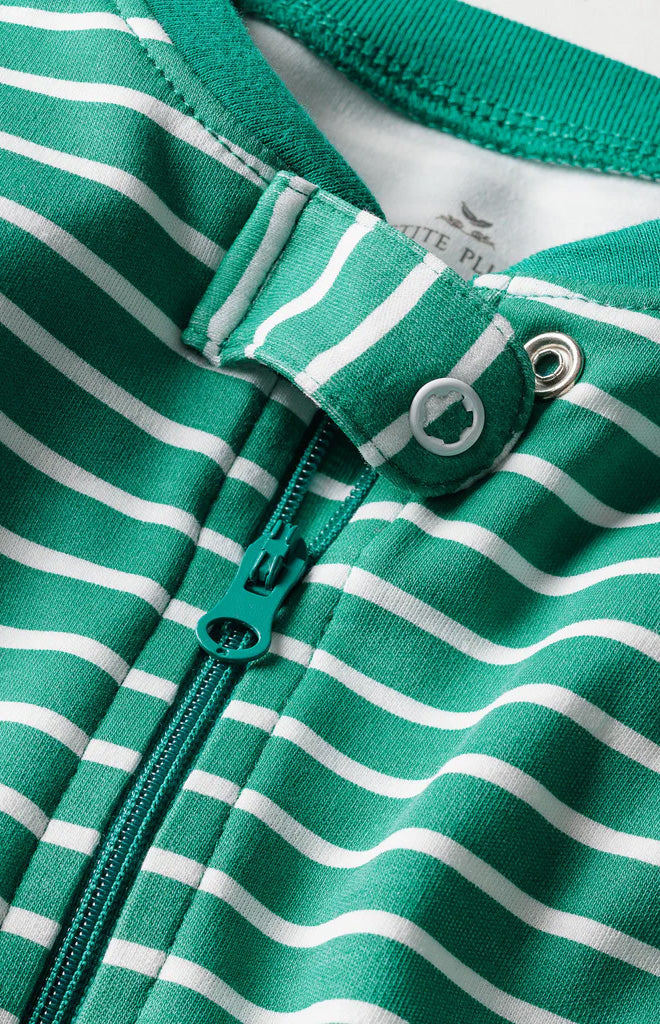Close-up of Baby’s Pima Snug Fit Romper in Green Stripe showcasing the front zipper and snap closure against a white background