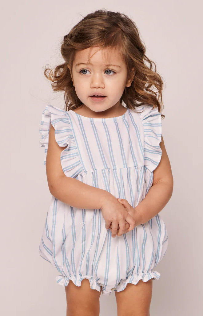 Baby’s Twill Ruffled Romper in Periwinkle Stripe