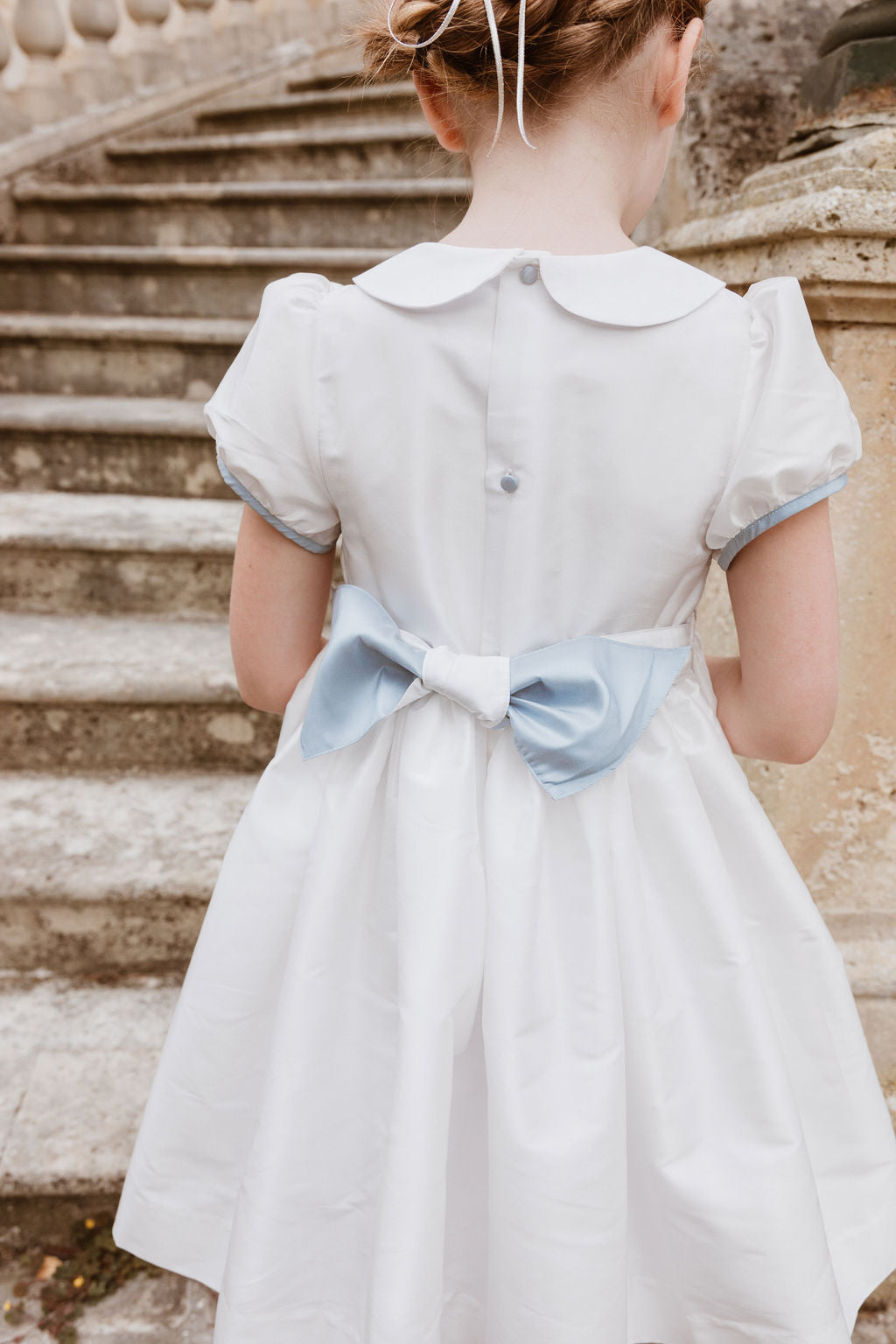 Bagatelle White/Blue Silk Handmade Smocked Dress