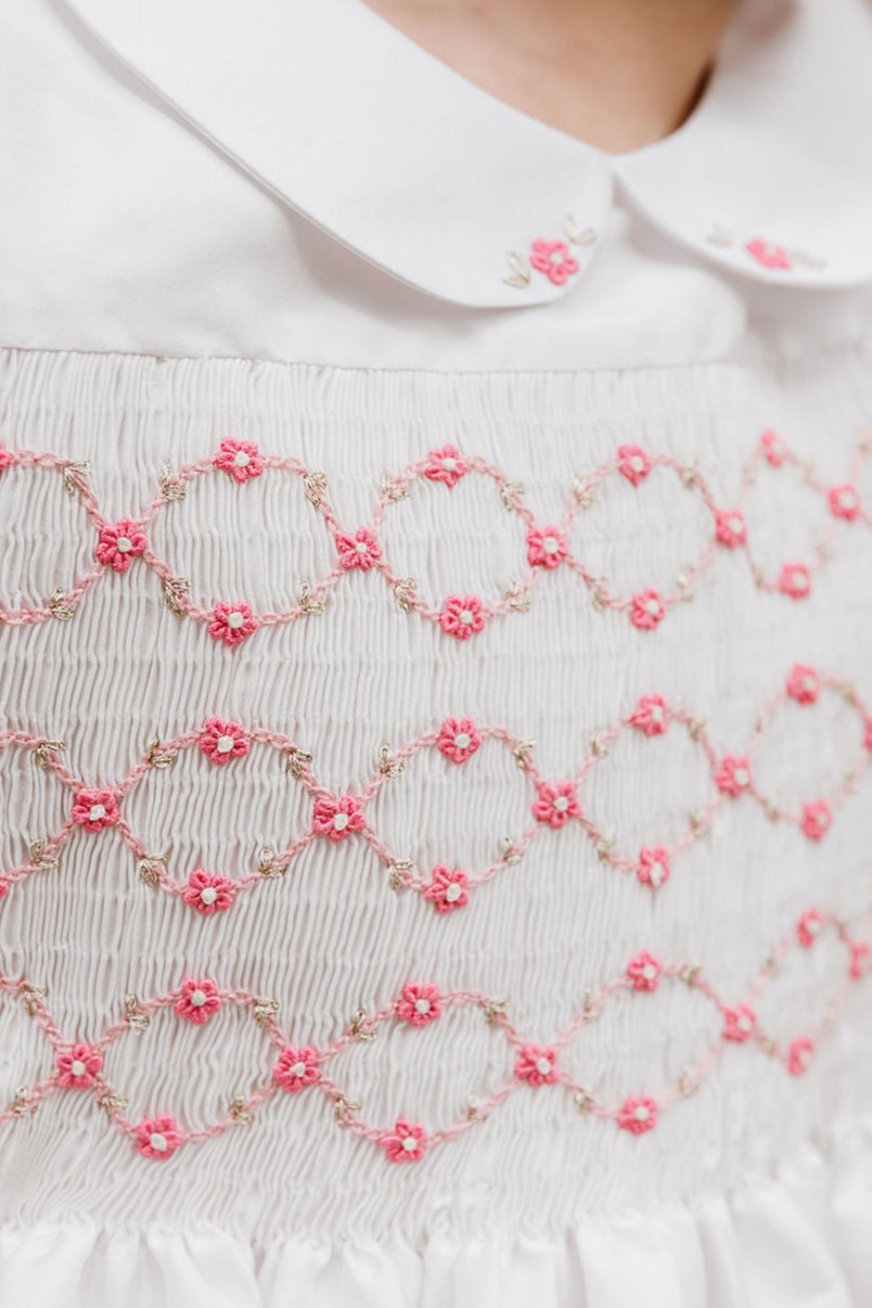 Bagatelle White/Pink Silk Handmade Smocked Dress