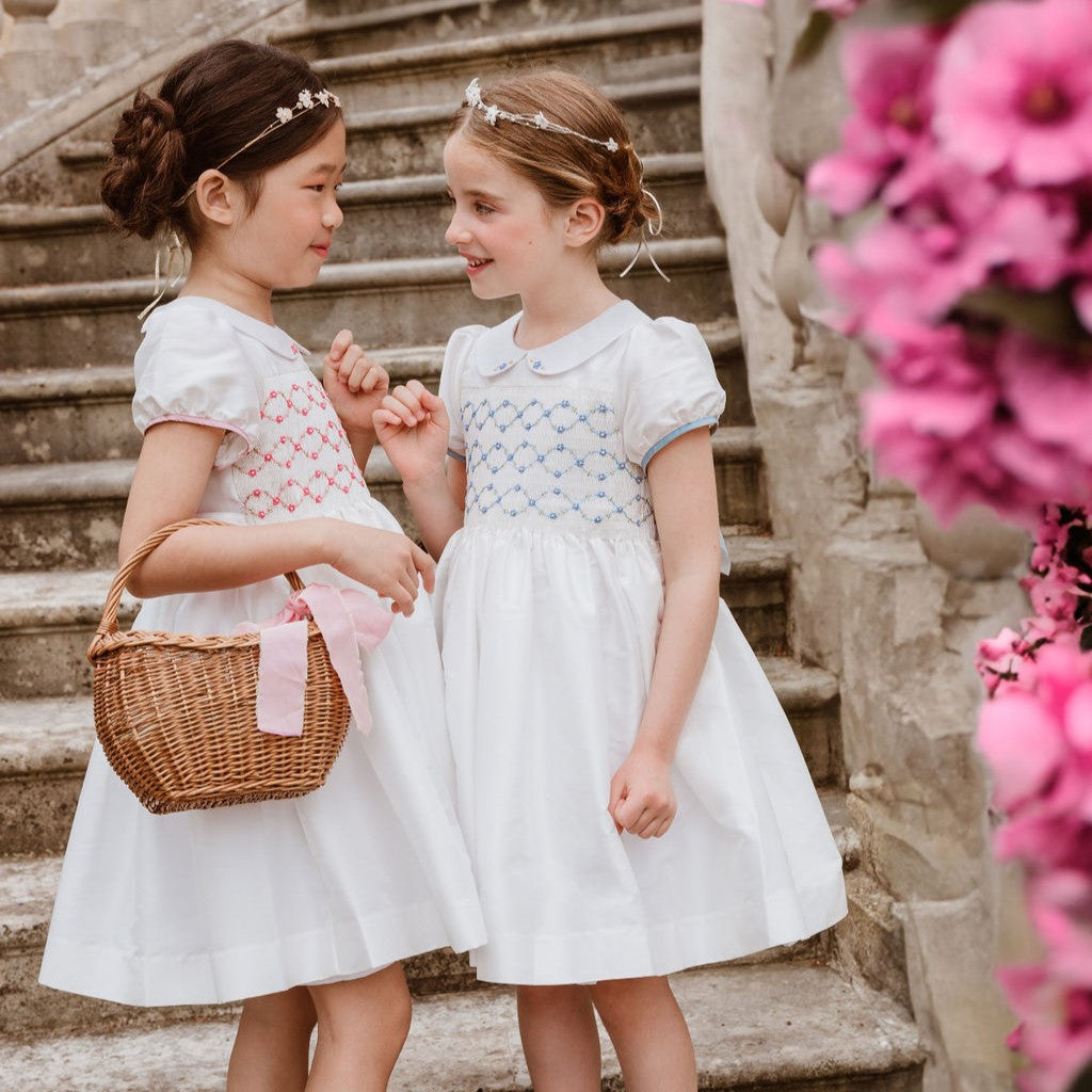 Bagatelle White/Blue Silk Handmade Smocked Dress