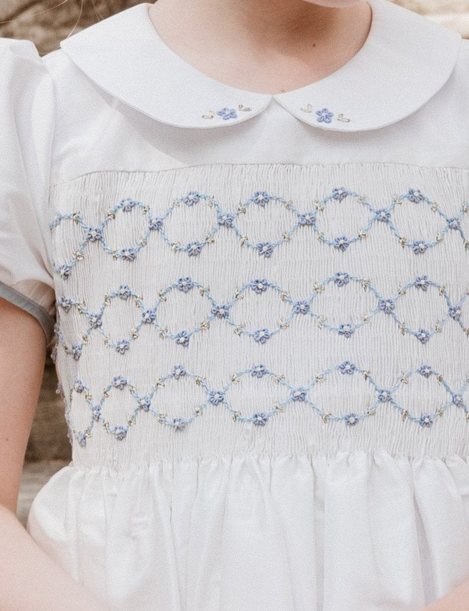Bagatelle White/Blue Silk Handmade Smocked Dress