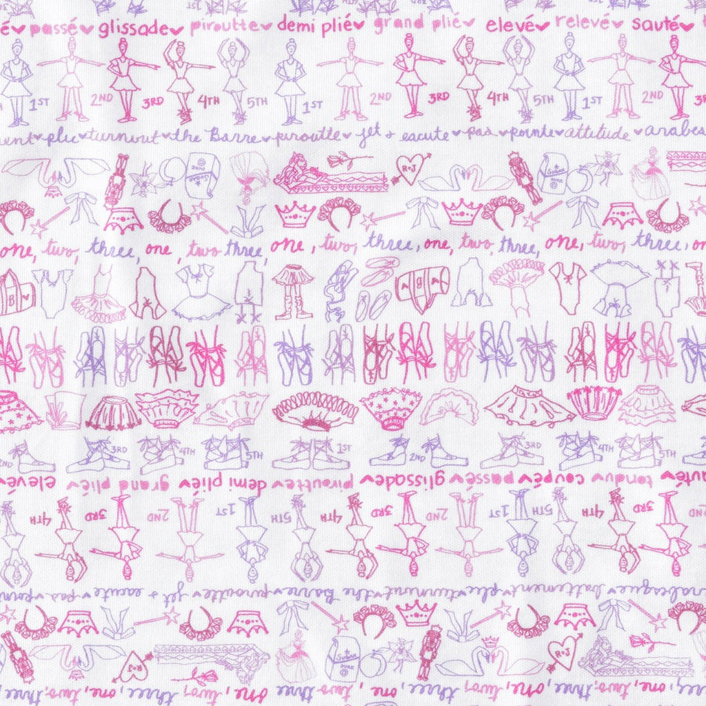 Close-up of Ballet Snap Baby Onesie showcasing a pink ballet print on a white background