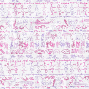Close-up of Ballet Girls Tess Lounge Dress showcasing its hand-drawn ballet print on a white background