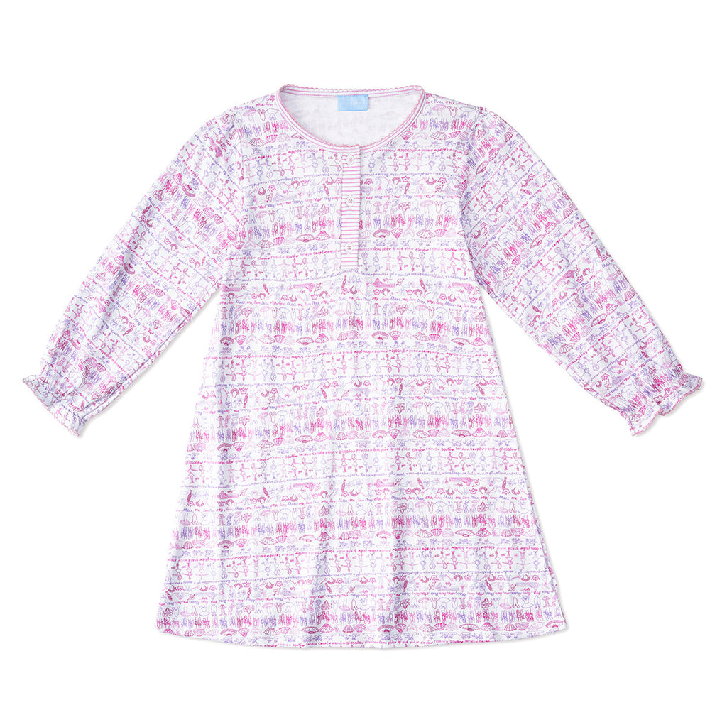Front view of the Ballet Girls Tess Lounge Dress showcasing its pink hand-drawn ballet print and long sleeves against a white background