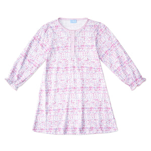 Front view of the Ballet Girls Tess Lounge Dress showcasing its pink hand-drawn ballet print and long sleeves against a white background