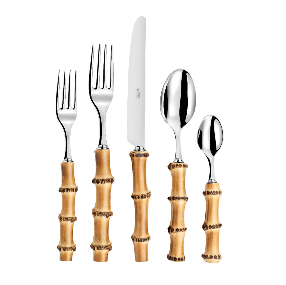 Front view of Bamboo Place Setting, Set of 5 showcasing stainless steel flatware with genuine bamboo handles on white