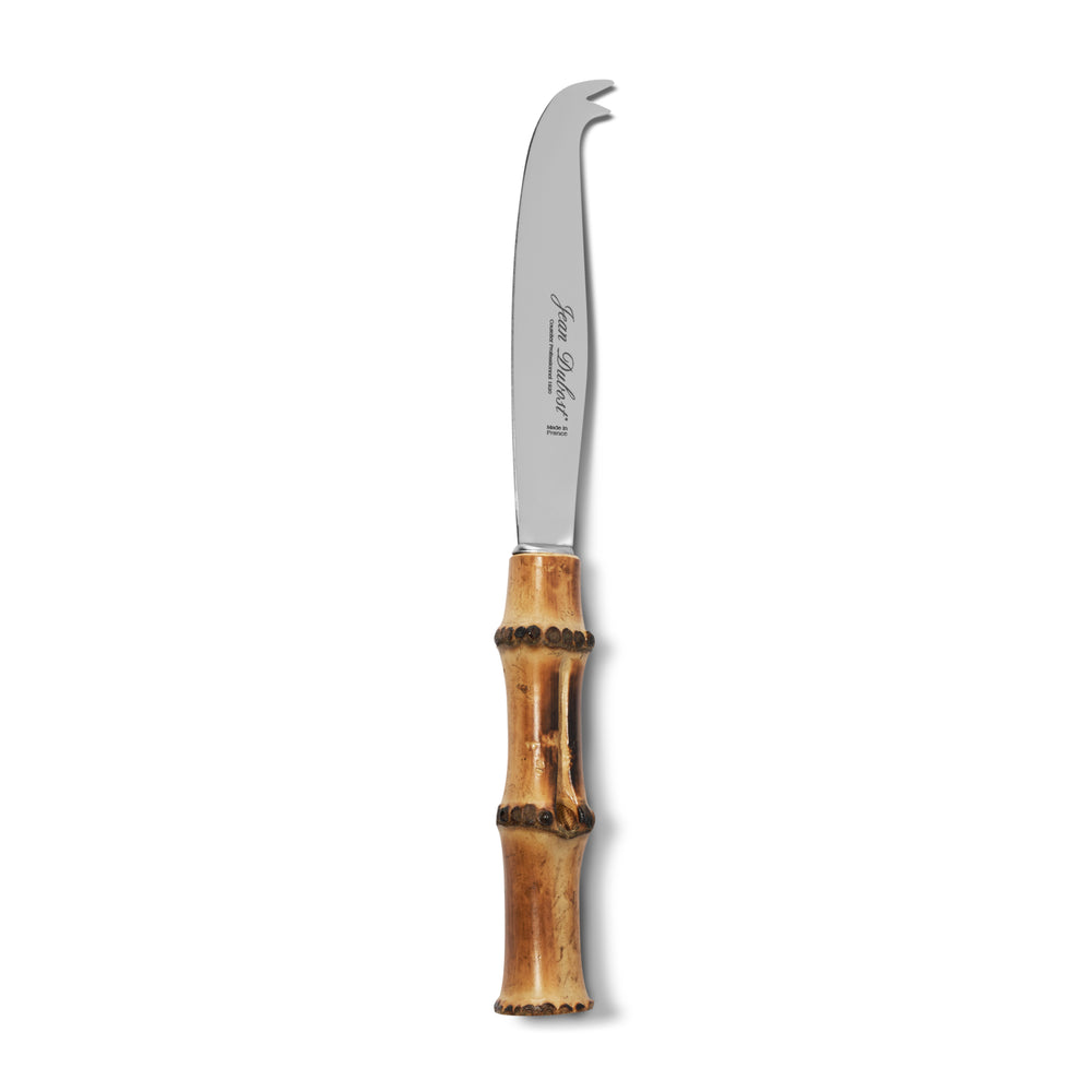 Front view of bamboo-handled cheese knife showcasing stainless steel blade with hooked tip on white background