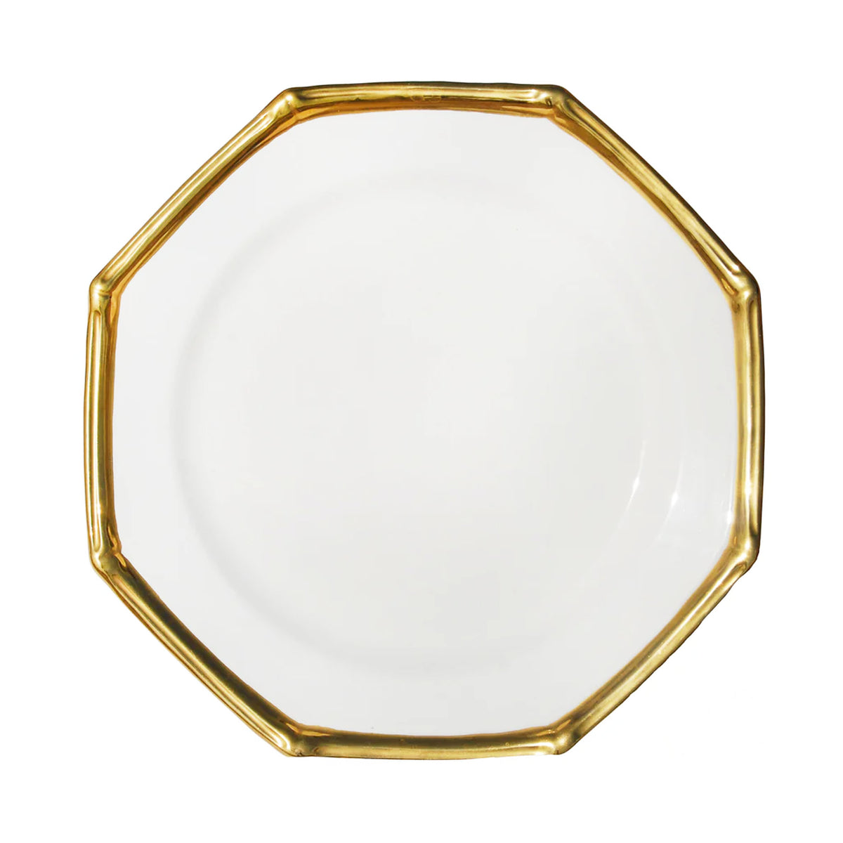 Top-down view of Bamboo Edge dinner plate showcasing octagonal shape and gold bamboo-style edge on white background