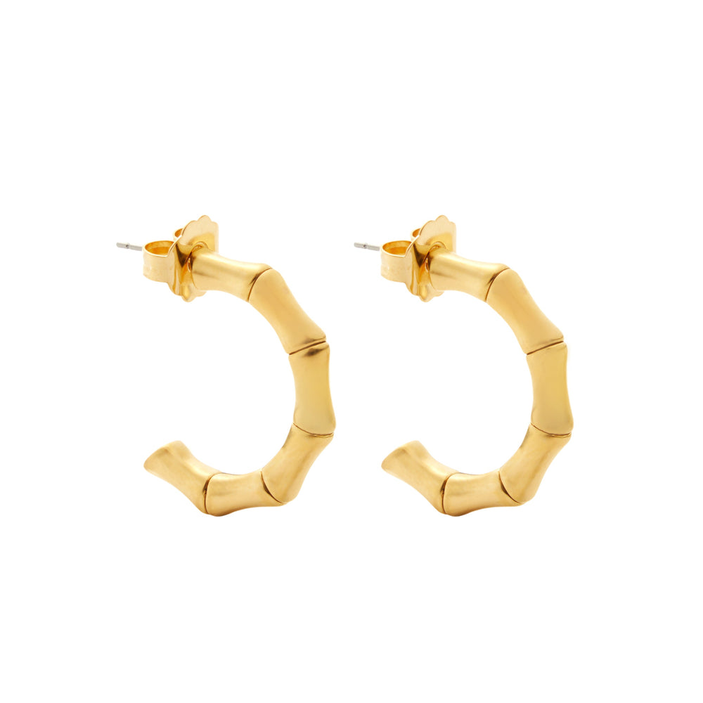 Pair of Bamboo Hoops showing 24K gold-plated bamboo texture with visible posts on white background