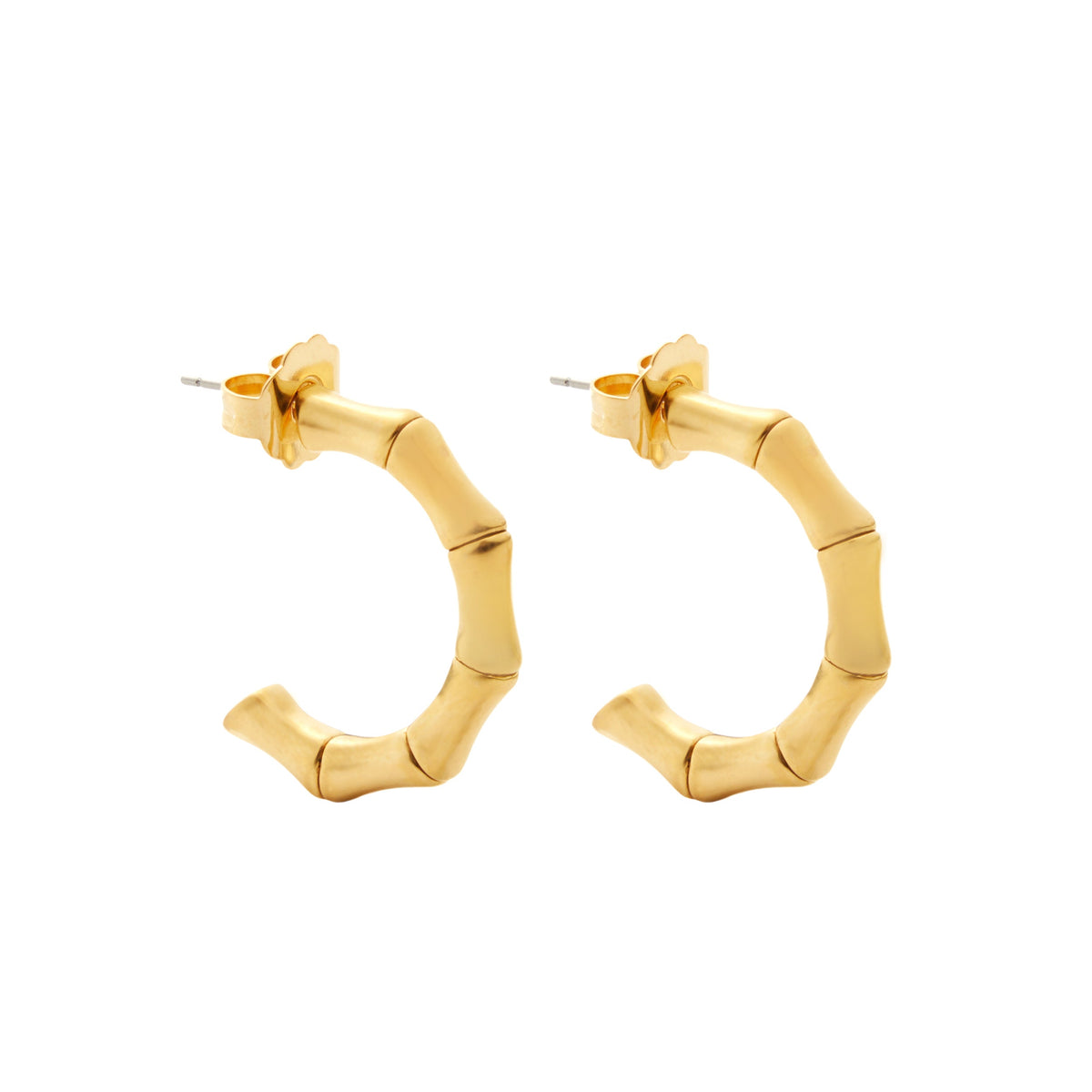 Pair of Bamboo Hoops showing 24K gold-plated bamboo texture with visible posts on white background