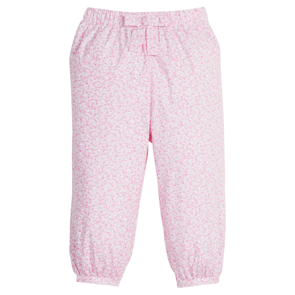 Little English traditional kids clothing, Banded bow pant in light pink floral for little girl.