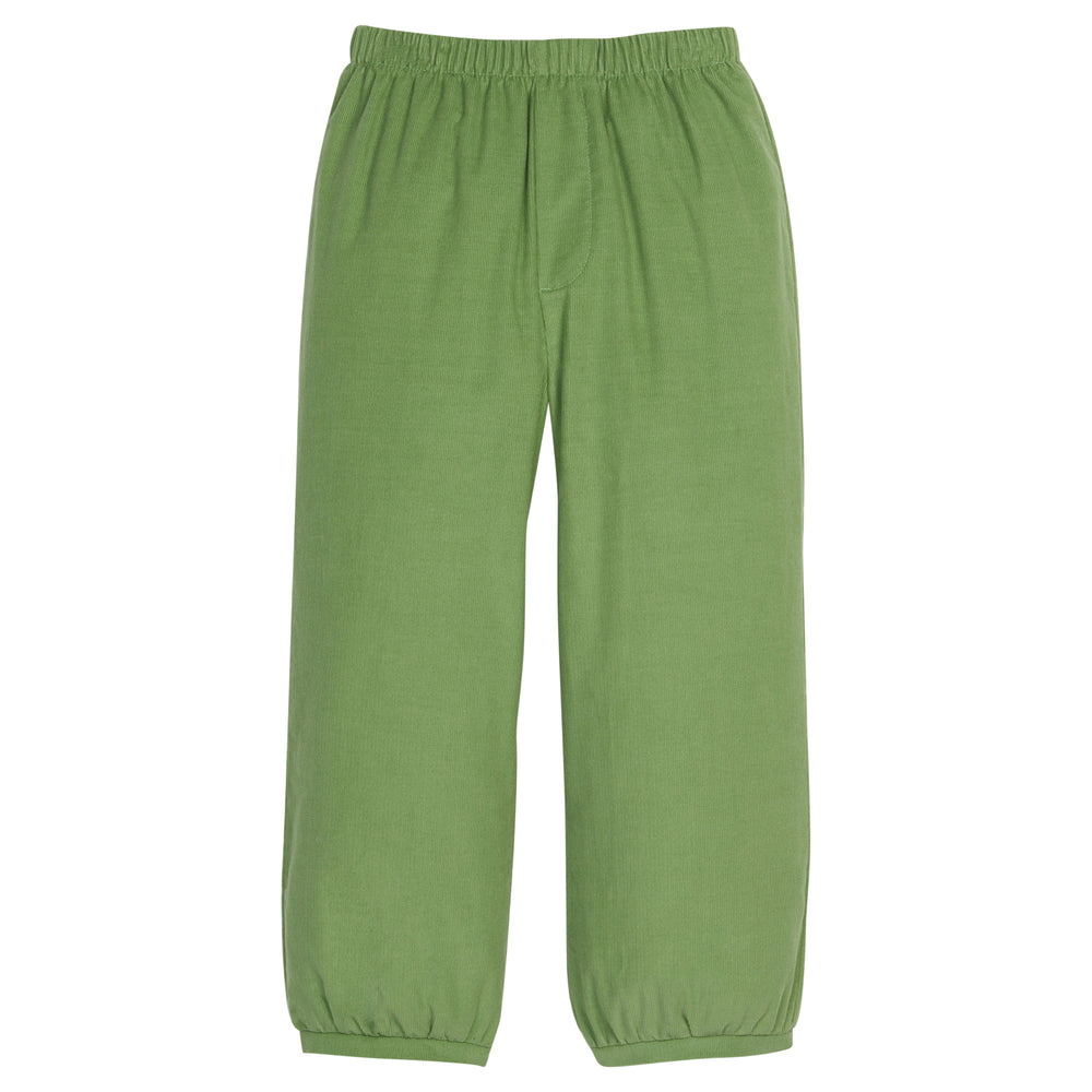 Front of banded pant in watercress corduroy with elastic pull-on waistband and elastic ankle cuffs on white background